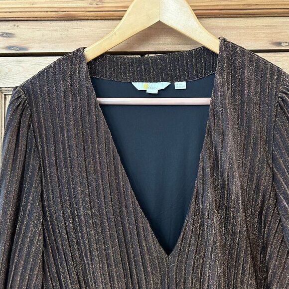 Boden 22 Regular Metallic Dress Maxi Black Gold Plus V-Neck Pleated Long Sleeve - Picture 4 of 15